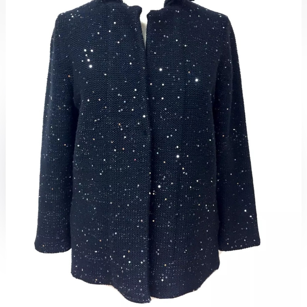 WEEKEND MAX MARA Navy Blue Sequin Cardigan Sweater Top Knit Jacket Size L Wool